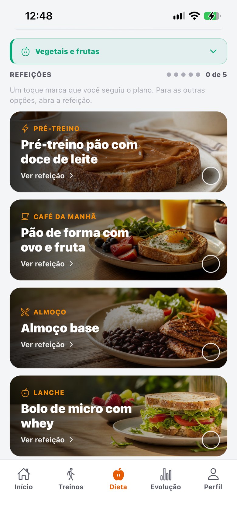 Refeições do dia no app