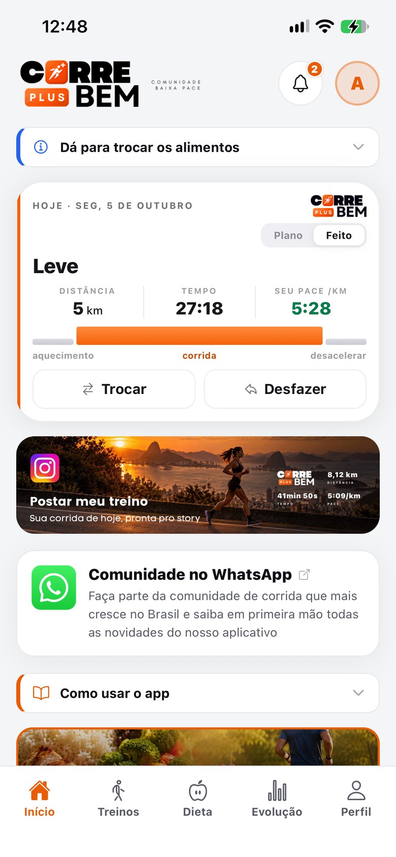 Tela inicial do app com o treino de hoje