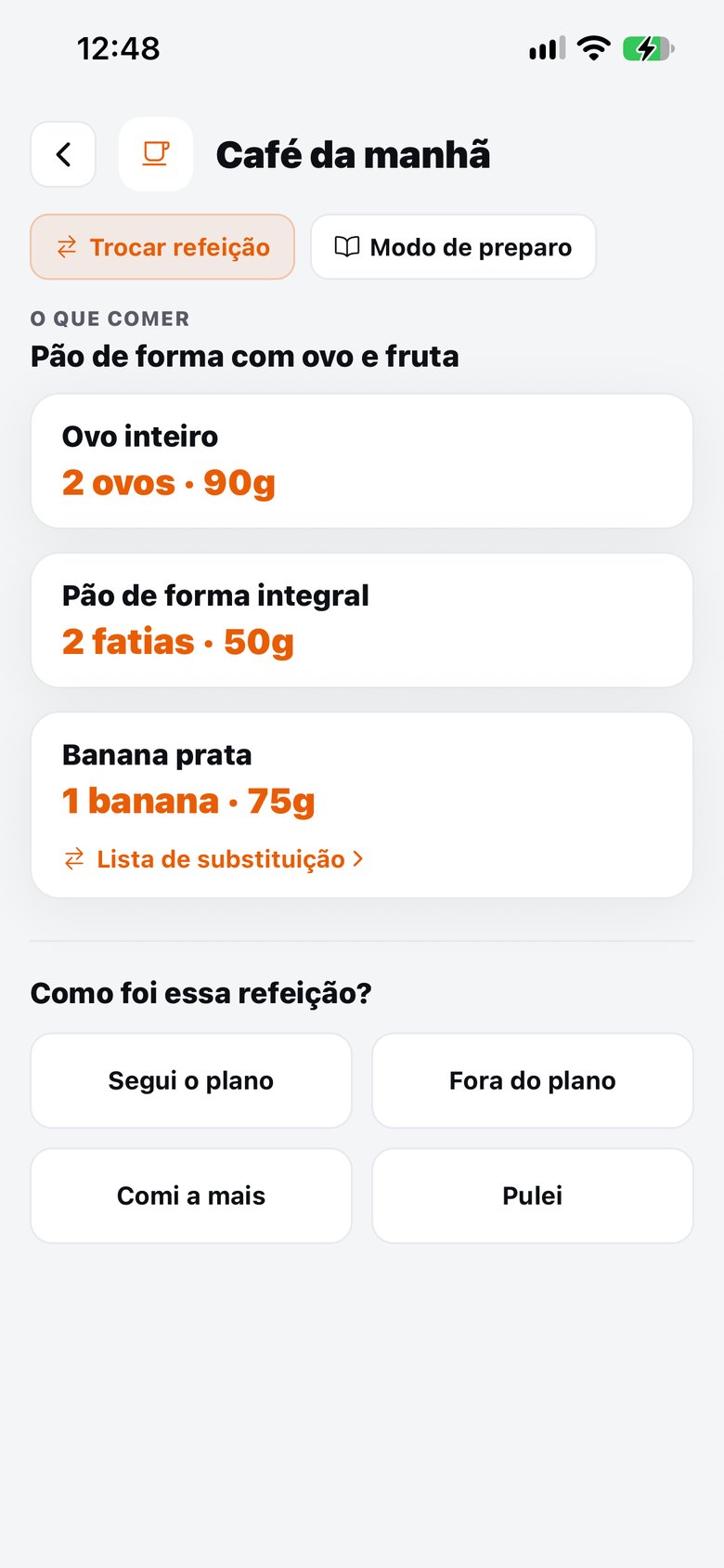 Refeição com as quantidades em gramas