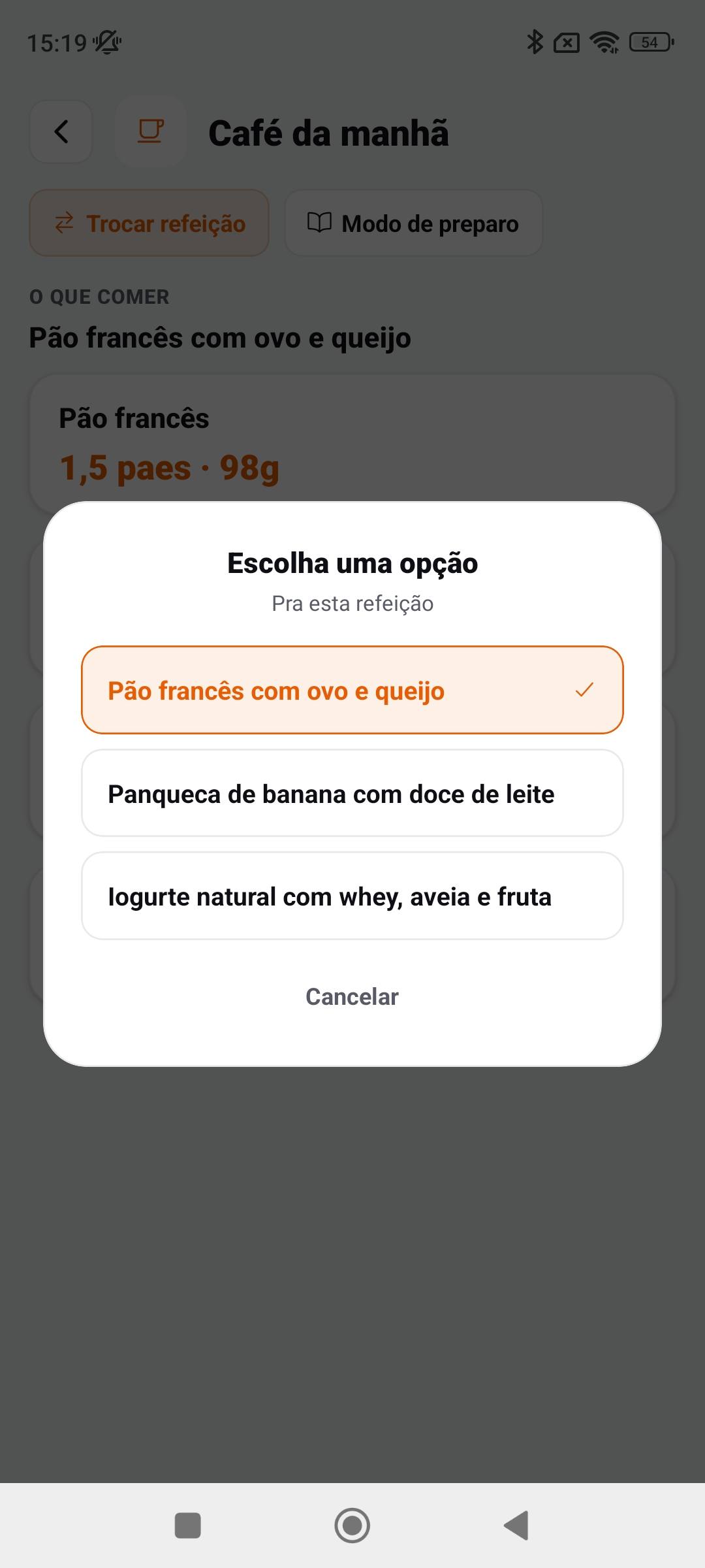 Tela para trocar a receita da refeição no Corre Bem Plus, com três opções