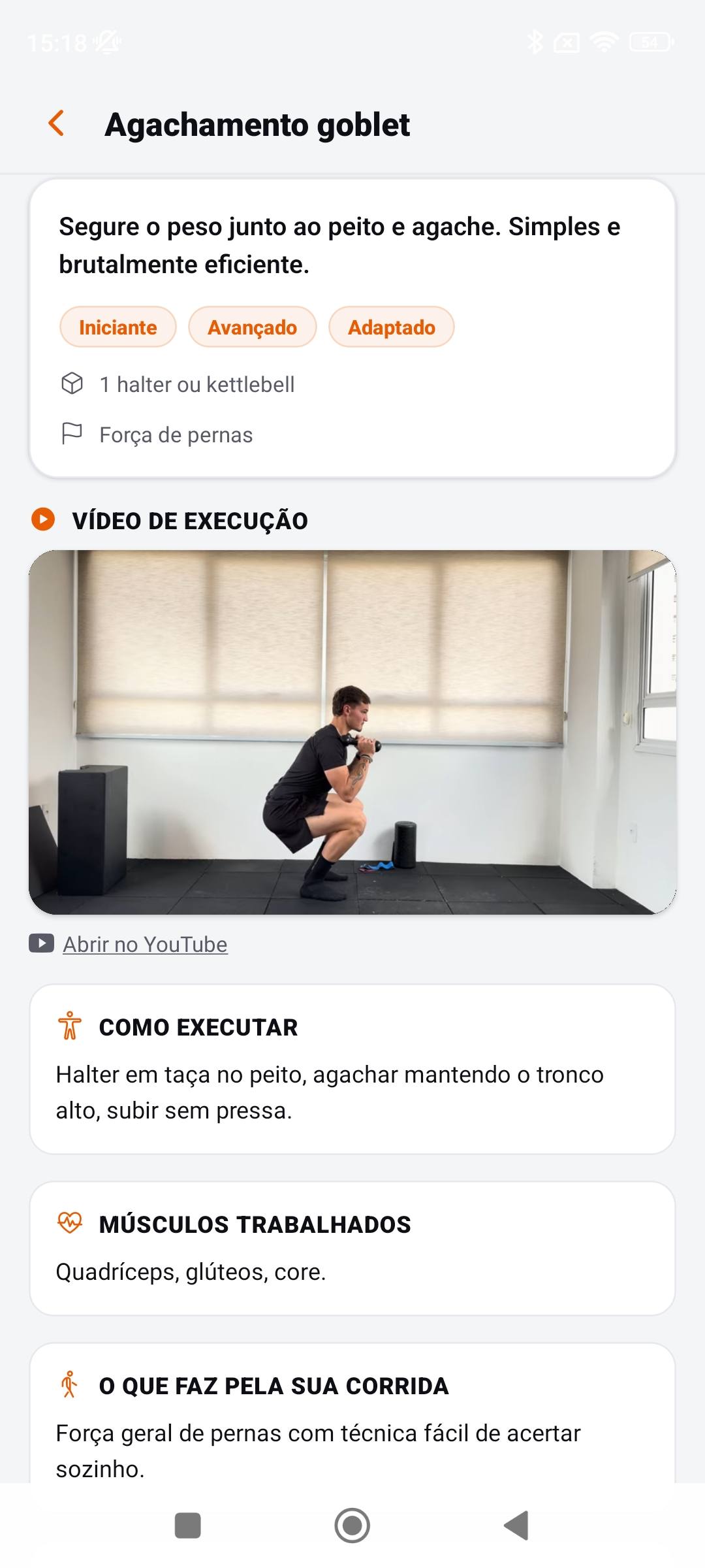 Exercício de fortalecimento no Corre Bem Plus, com vídeo de execução e músculos trabalhados