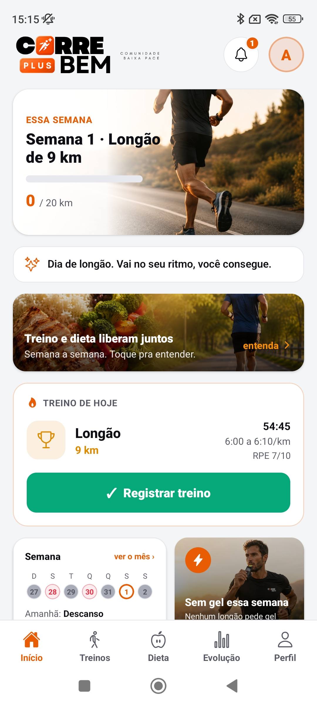 Tela inicial do Corre Bem Plus com a semana atual e o treino do dia